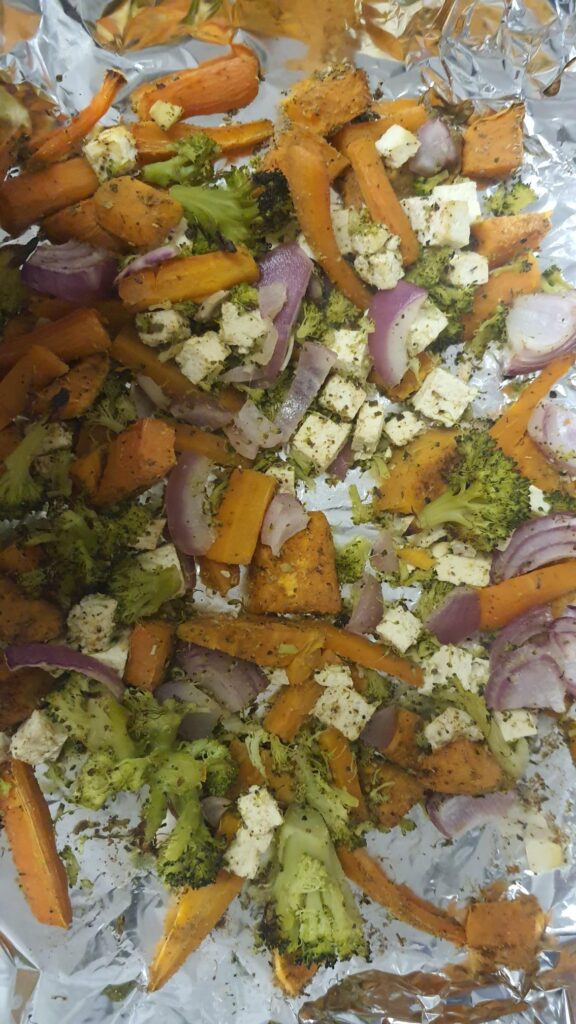 Zoomed in version of the roasted vegetable picture, includes a medly of vegetables. 